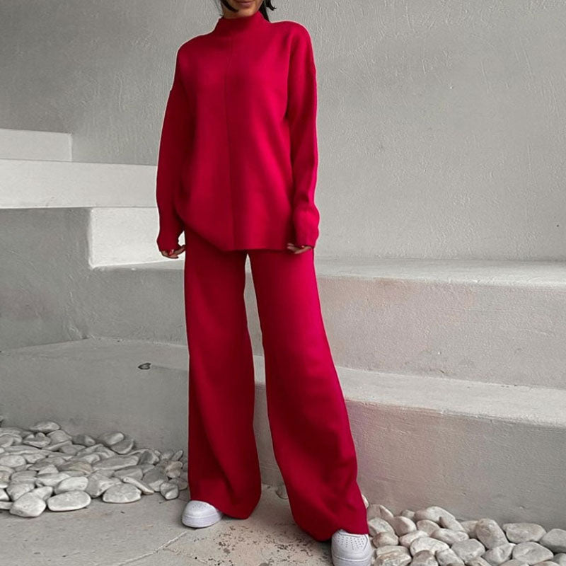 Red High Neck Rib Knit Pullover Sweater Wide Leg Pants Set