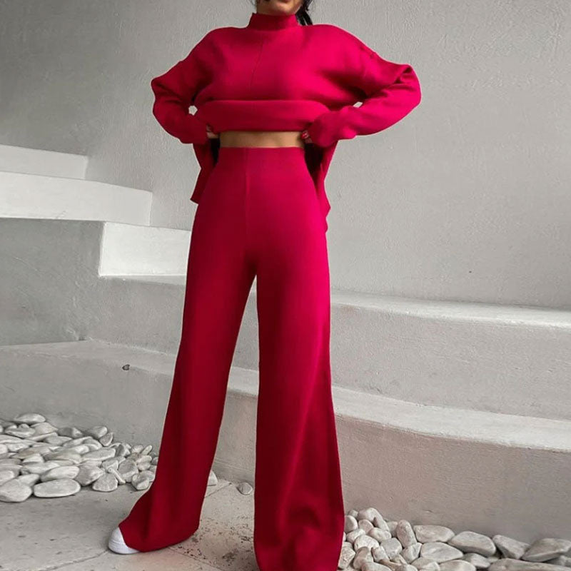 Red High Neck Rib Knit Pullover Sweater Wide Leg Pants Set
