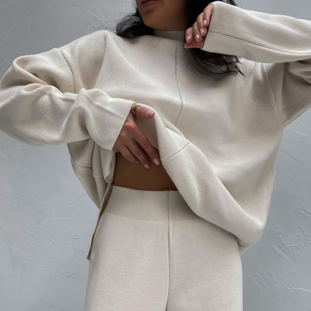 Beige Mock Neck Knit Pullover Sweater Wide Leg Pants Set