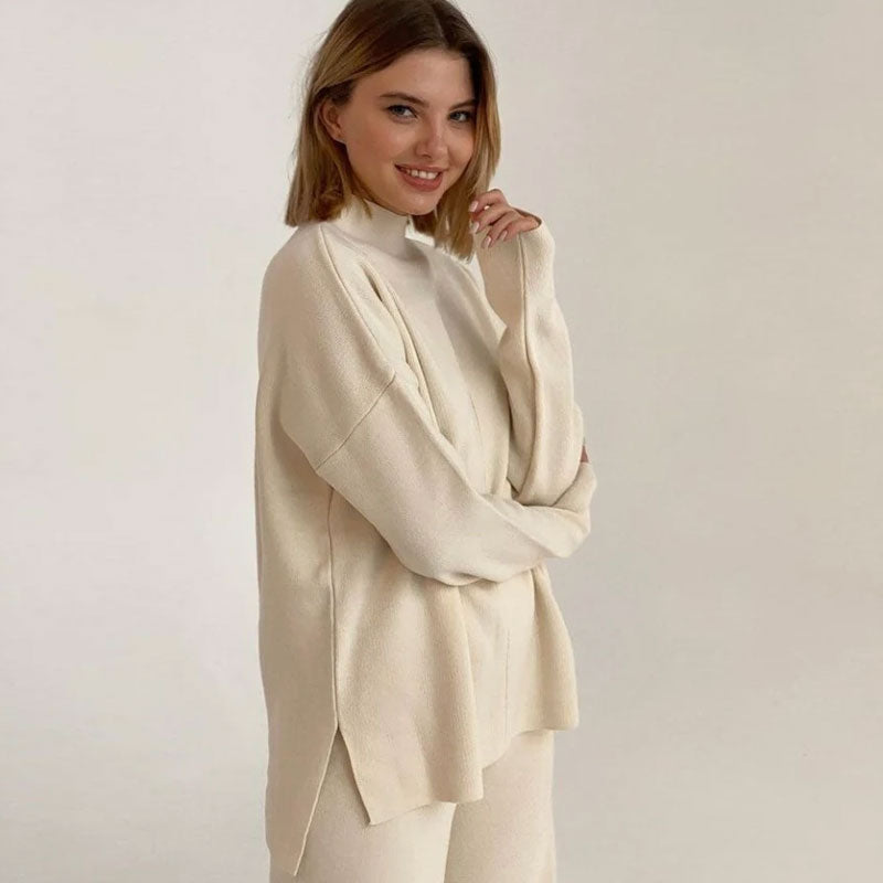 Beige Mock Neck Knit Pullover Sweater Wide Leg Pants Set