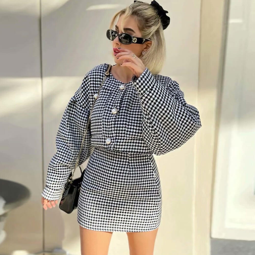 Black Houndstooth Tweed Pearl Button Cropped Jacket Mini Skirt Set