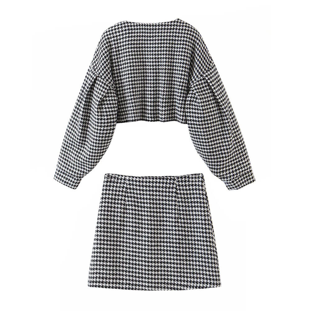 Black Houndstooth Tweed Pearl Button Cropped Jacket Mini Skirt Set