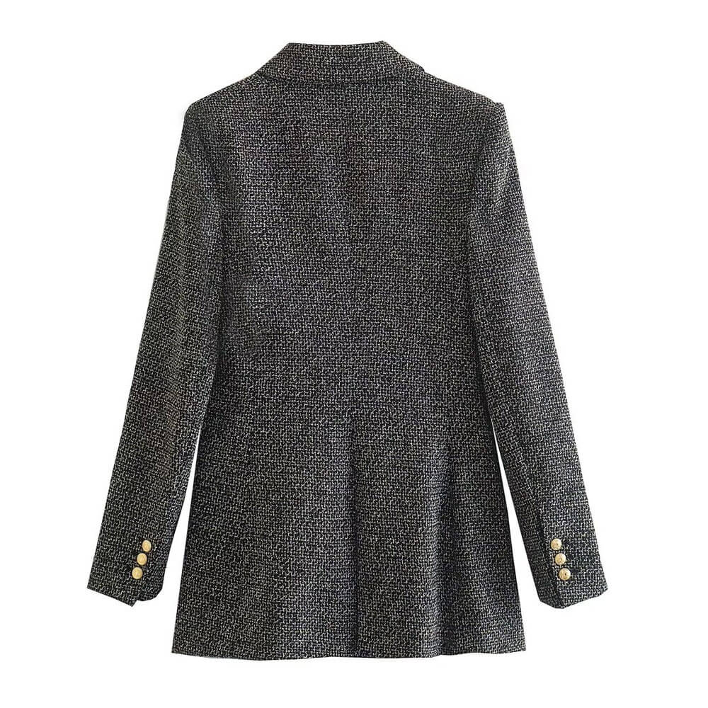 Gray Lapel Collar Double Breasted Long Sleeve Tweed Blazer
