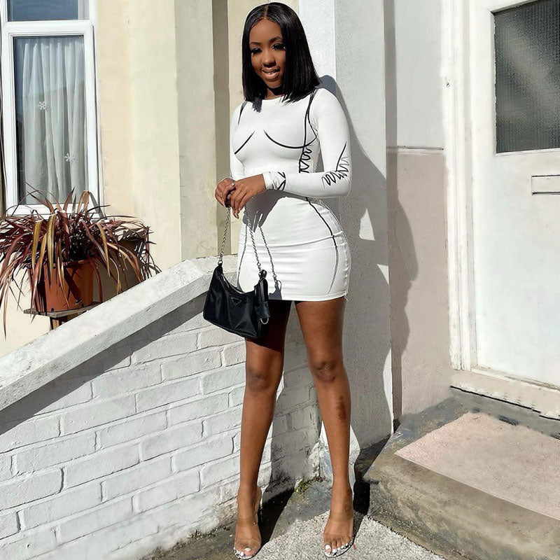 White Crew Neck Long Sleeve Contour Stitch Bodycon Mini Dress