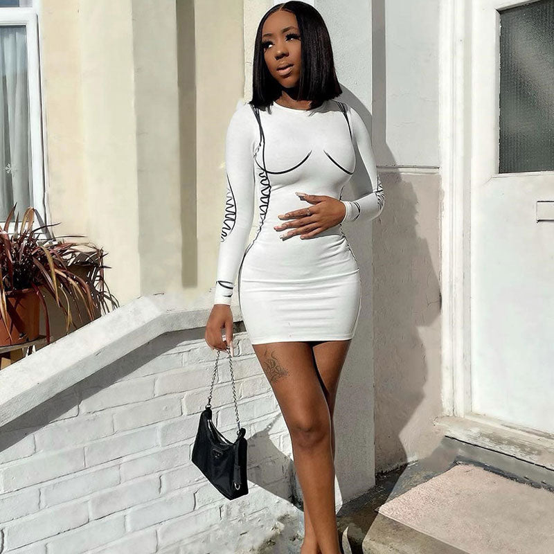 White Crew Neck Long Sleeve Contour Stitch Bodycon Mini Dress