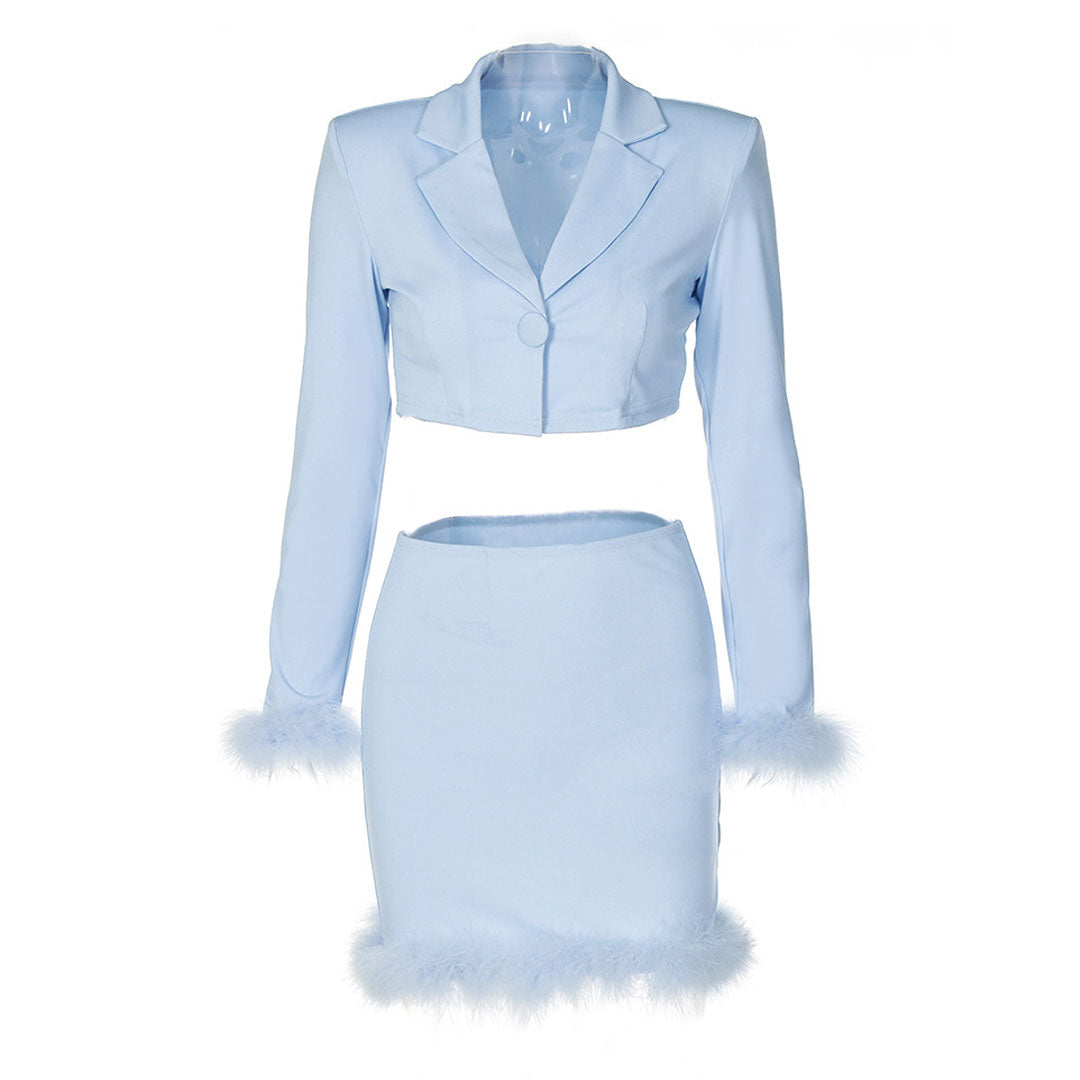 Blue Long Sleeve Feather Trim Crop Blazer Mini Skirt Set 3
