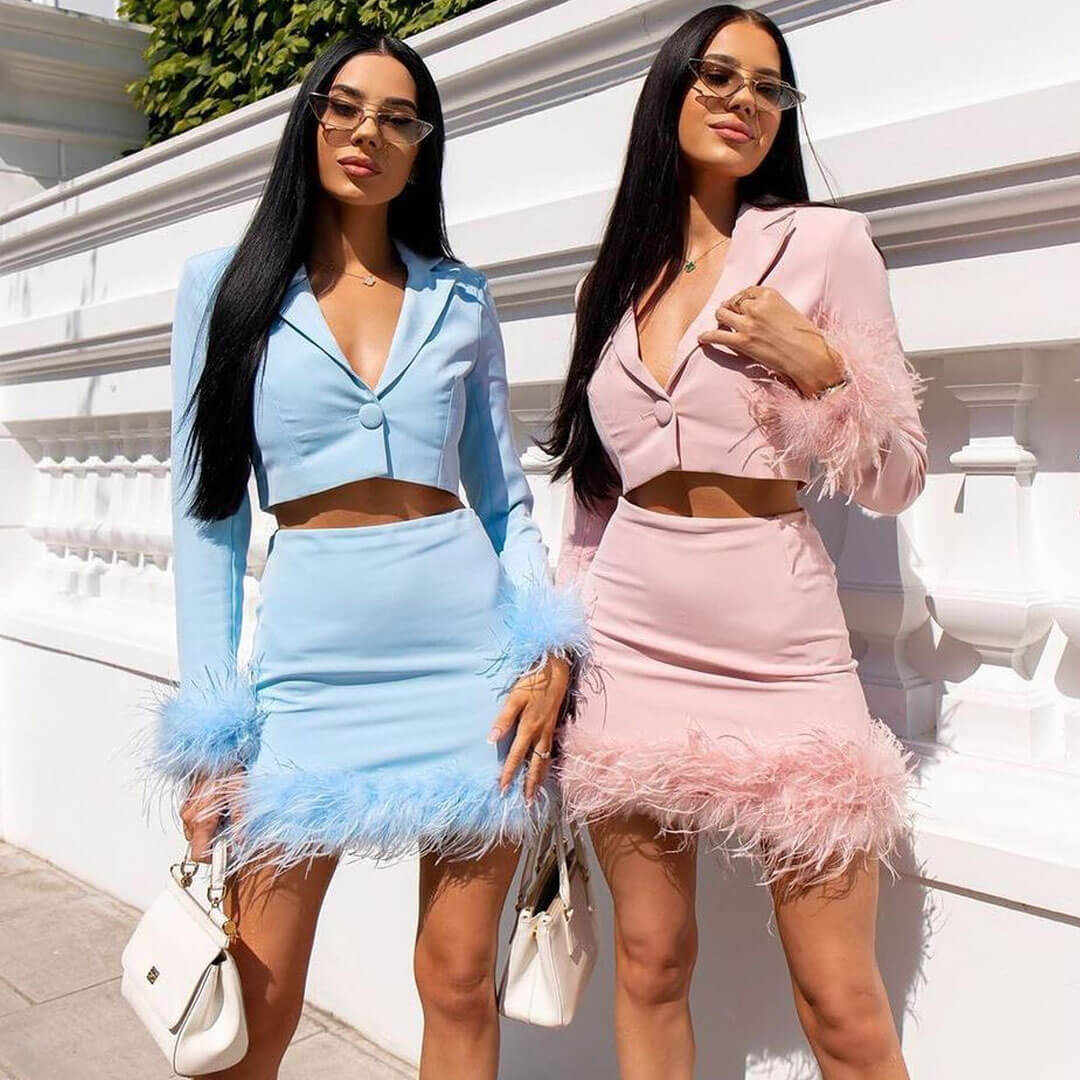 Pink Long Sleeve Feather Trim Crop Blazer Mini Skirt Set