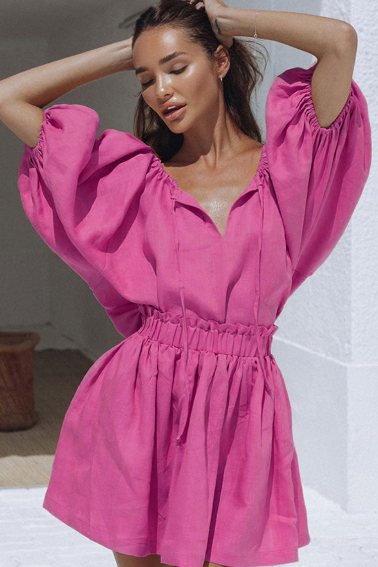 Pink Tie Neck Puff Sleeve Ruffle High Waist Flowy Mini Dress