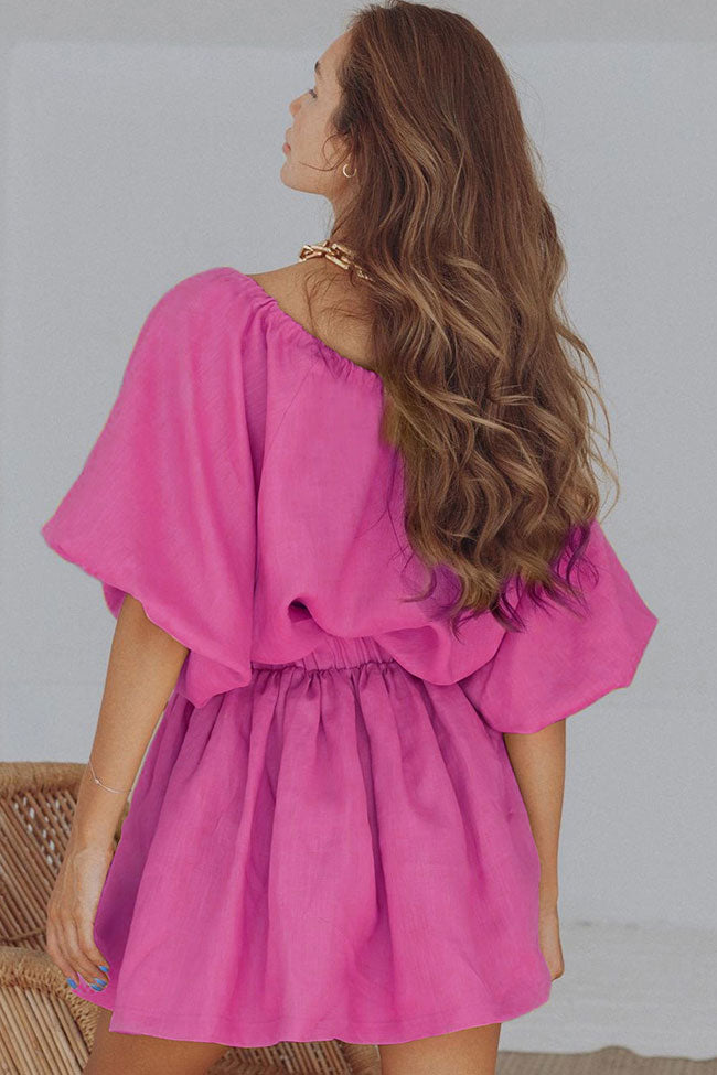 Pink Tie Neck Puff Sleeve Ruffle High Waist Flowy Mini Dress