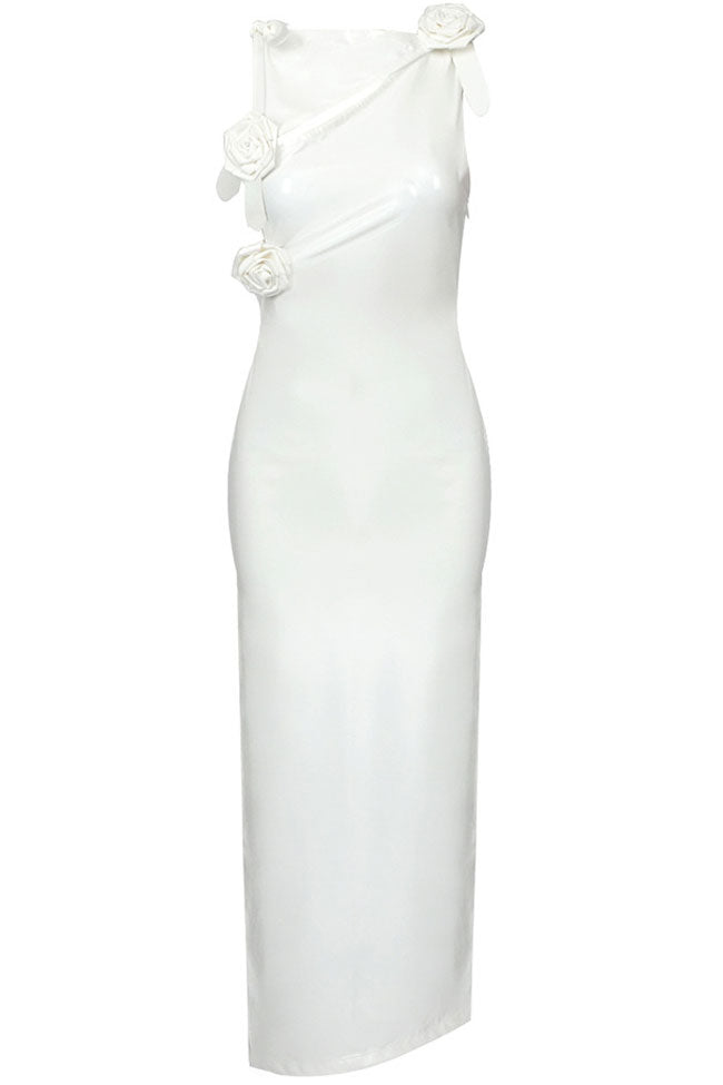 White High Neck Rosette Applique Cutout Ruched High Slit Bodycon Maxi Dress