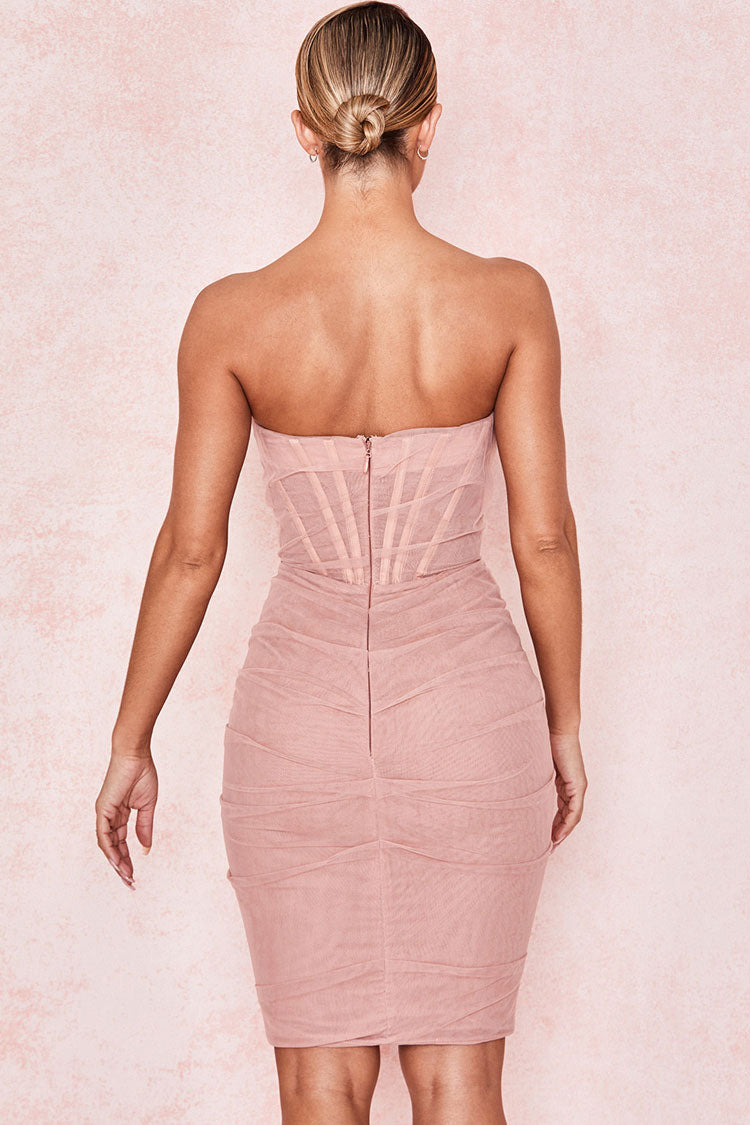 Pink Strapless Mesh Corset Ruched Bodycon Midi Dress