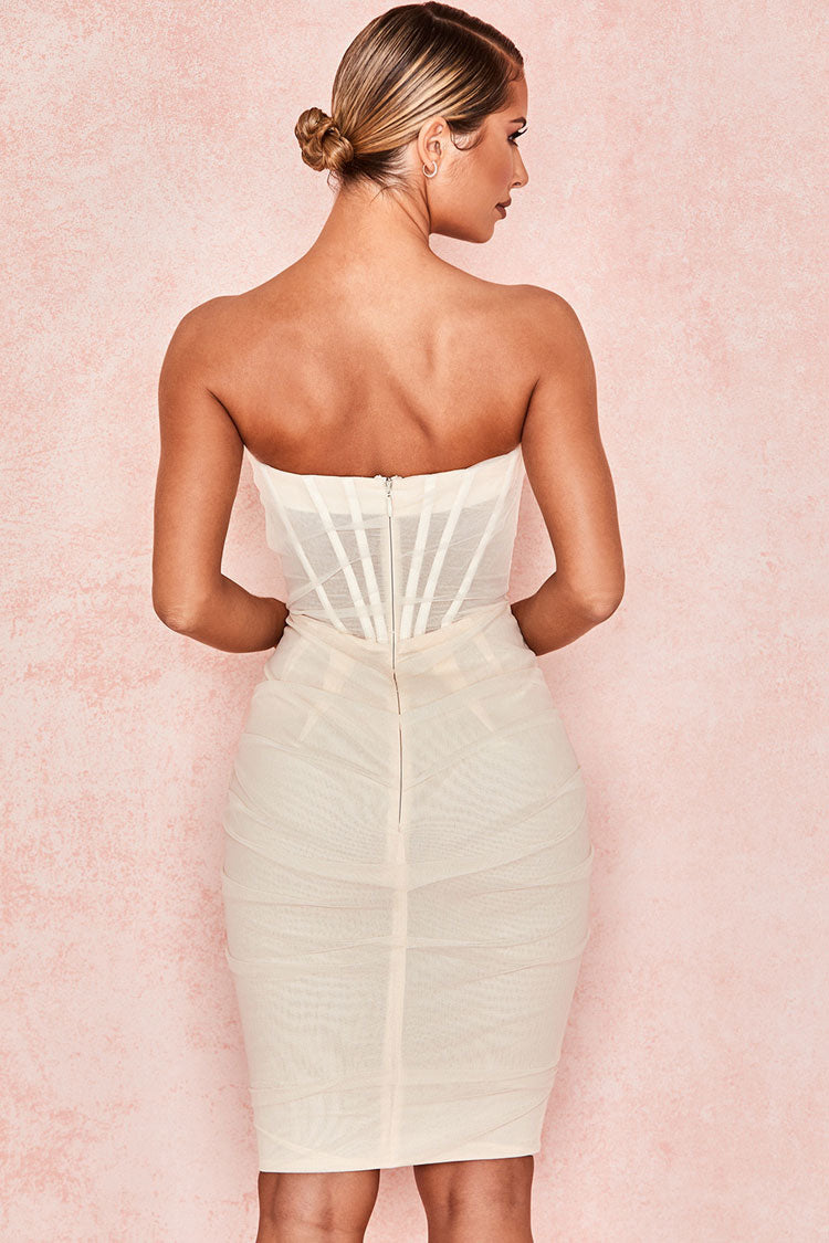 White Strapless Mesh Corset Ruched Bodycon Midi Dress