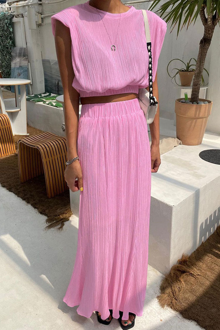 Pink Shoulder Pad Crop Top Pleated High Waist Two Piece Maxi Dress