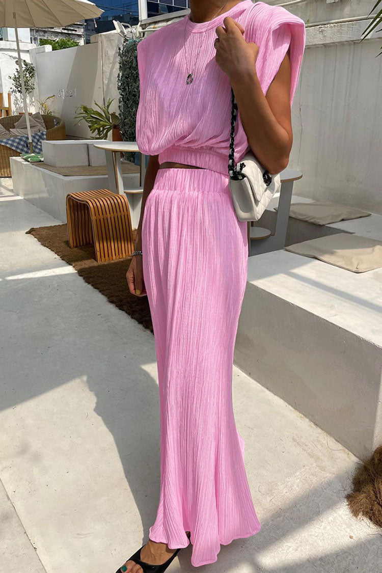 Pink Shoulder Pad Crop Top Pleated High Waist Two Piece Maxi Dress
