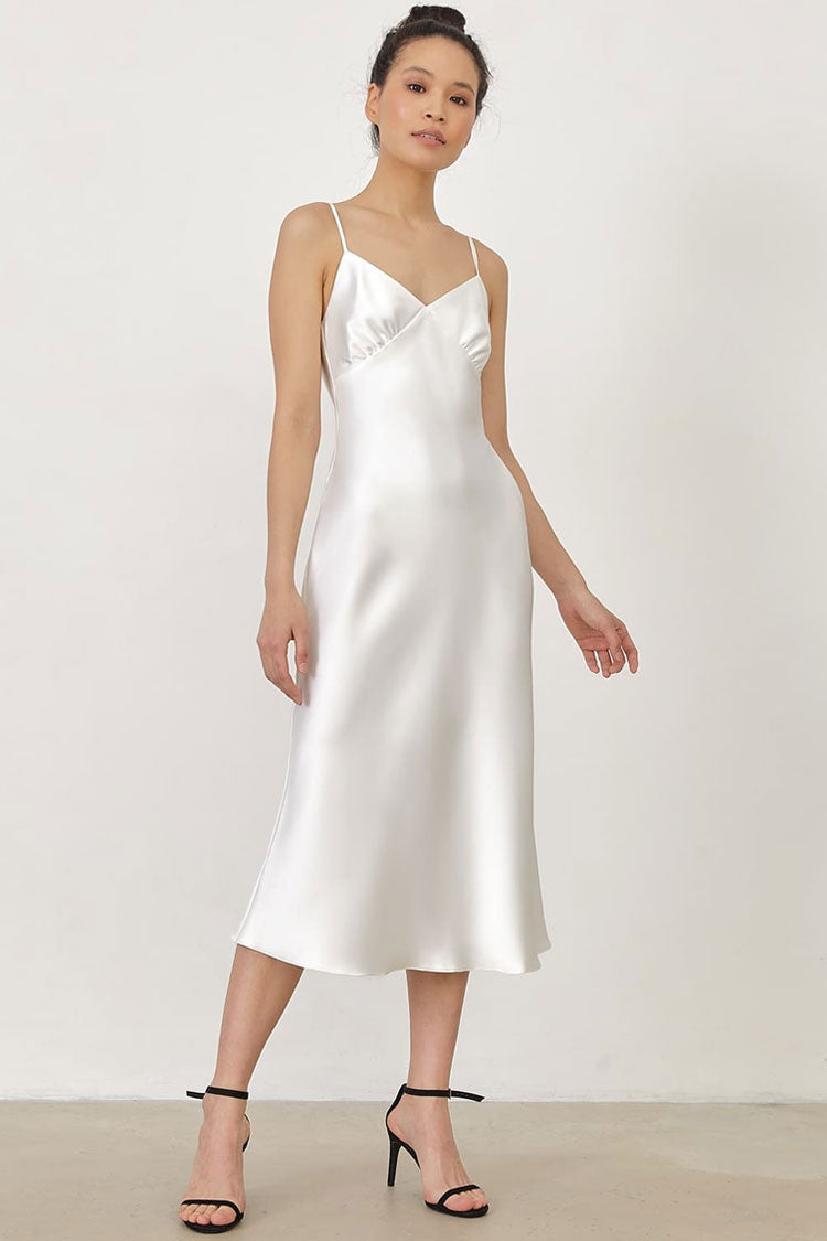 Beige Spaghetti Strap V-Neck Satin Slip Bias Cut Midi Dress