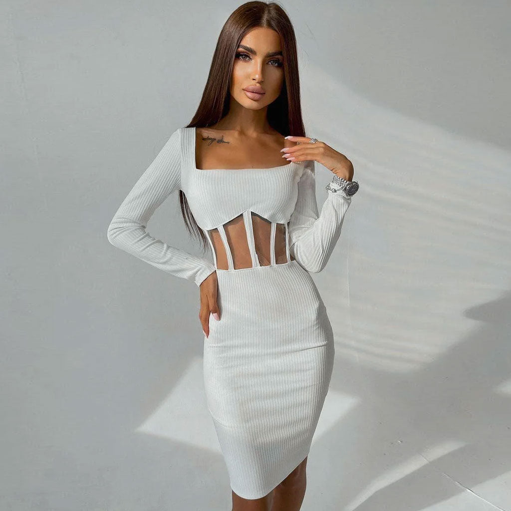 White Square Neck Long Sleeve Ribbed Mesh Panel Corset Bodycon Midi Dress