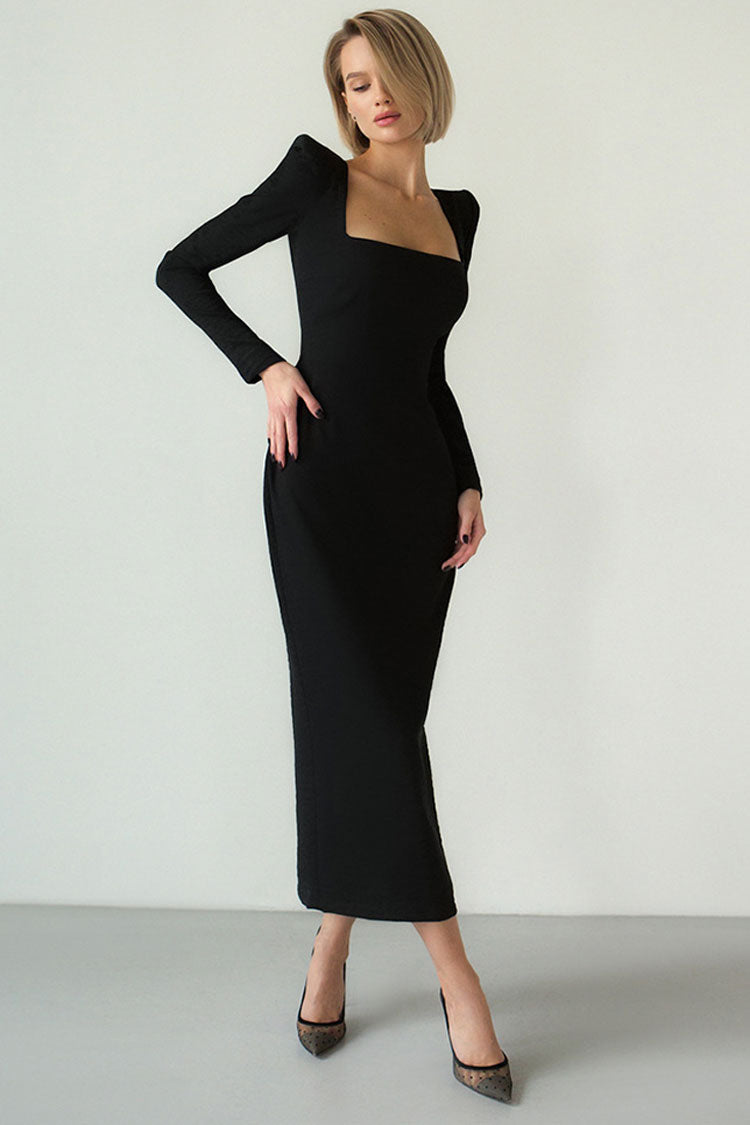 Black Square Neck Padded Shoulder Long Sleeve Bodycon Maxi Dress