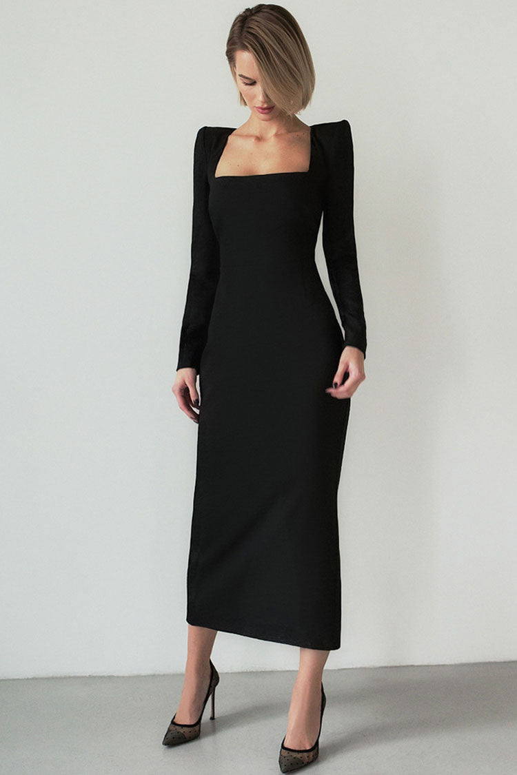 Black Square Neck Padded Shoulder Long Sleeve Bodycon Maxi Dress