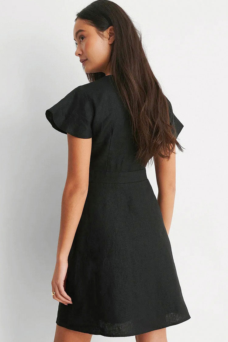 Black V-Neck Bow Tie Front Flutter Sleeve Cutout A-Line Mini Dress
