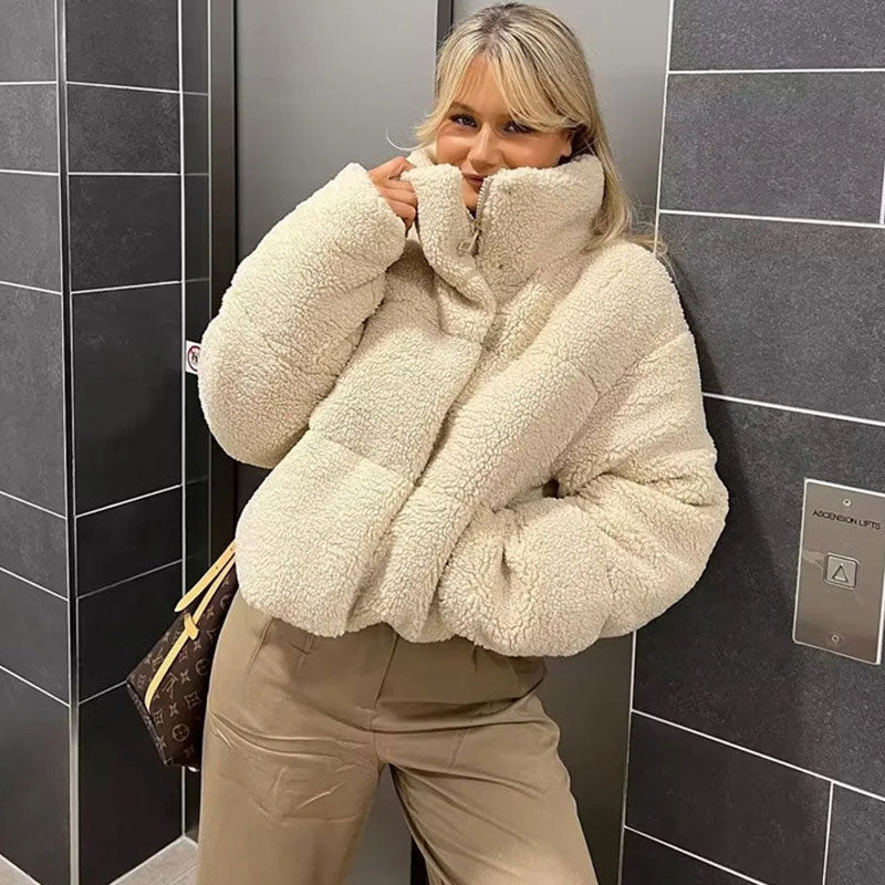 Beige Stand Collar Long Sleeve Zip Front Teddy Fleece Cropped Coat