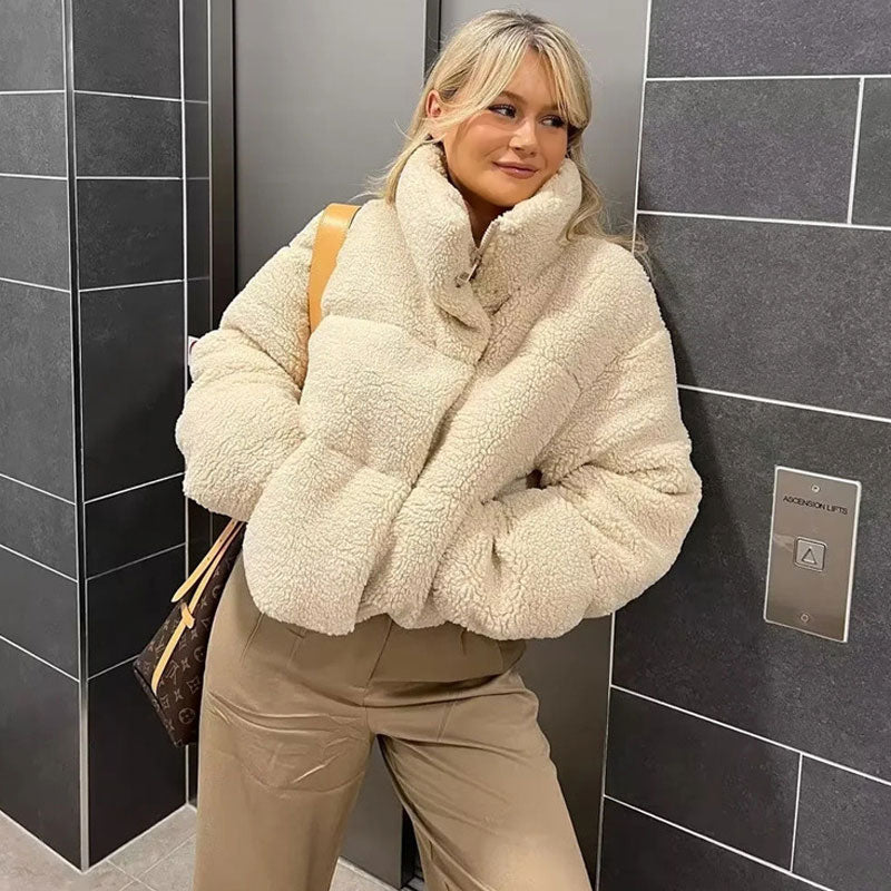 Beige Stand Collar Long Sleeve Zip Front Teddy Fleece Cropped Coat