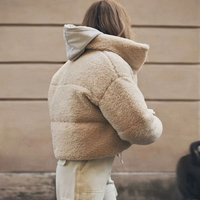 Beige Stand Collar Long Sleeve Zip Front Teddy Fleece Cropped Coat