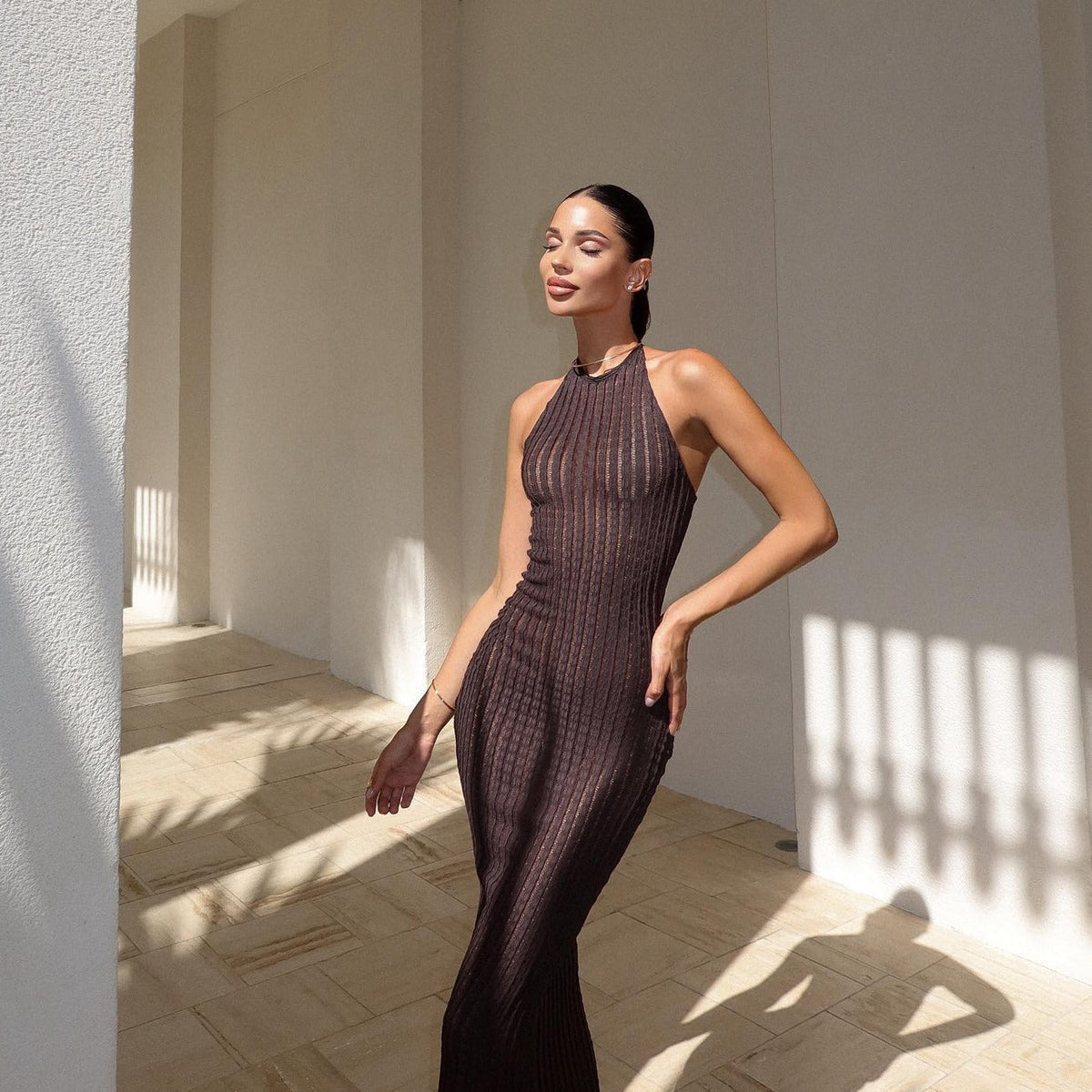 Brown Halter Neck Ribbed Knit Open Back Mermaid Maxi Dress 3
