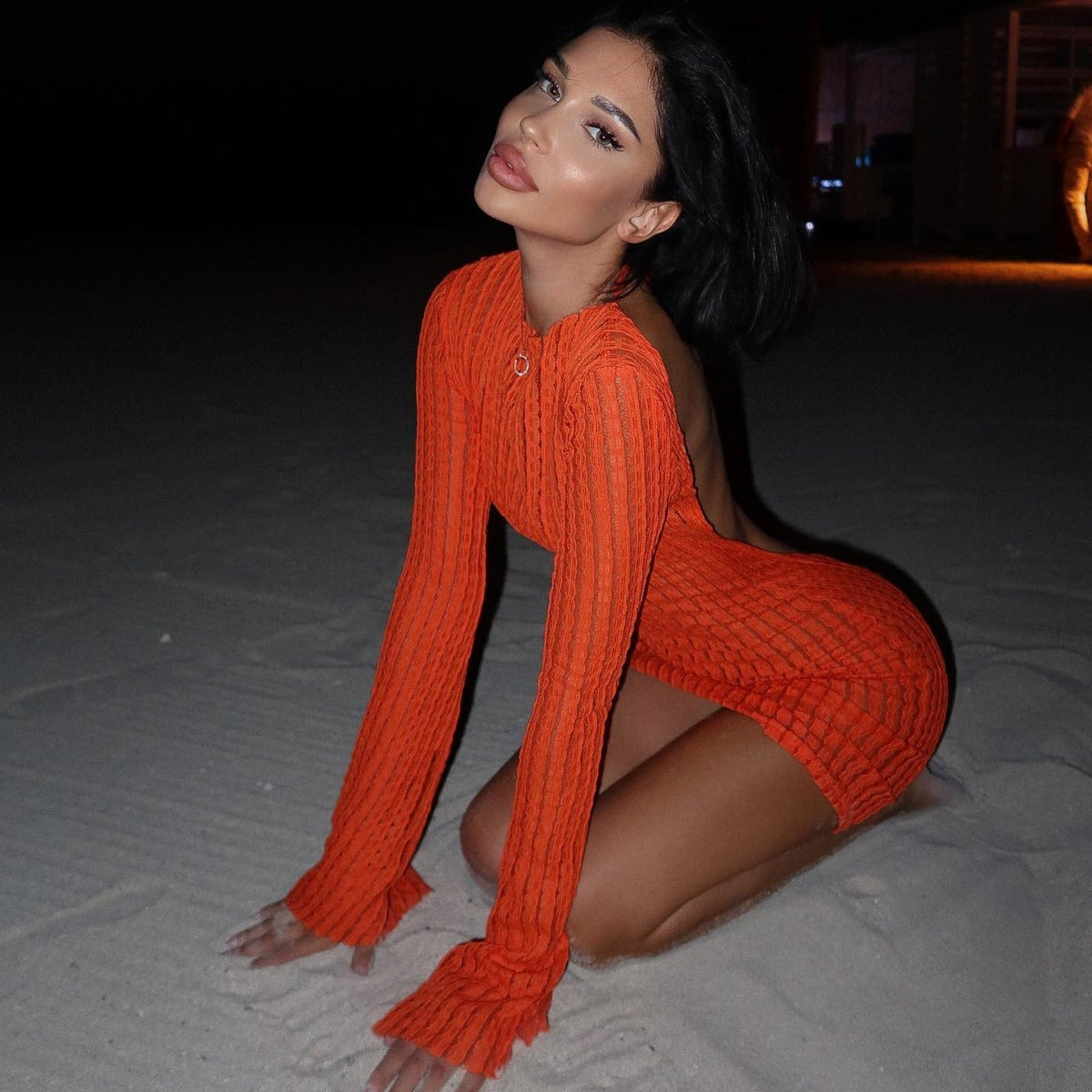 Orange Long Sleeve Textured Knit Backless Tie Back Bodycon Mini Dress 3