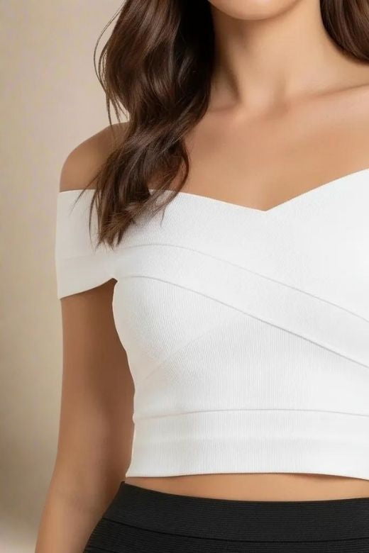 Cindy Bandage Off Shoulder Crop Top - White Pearl