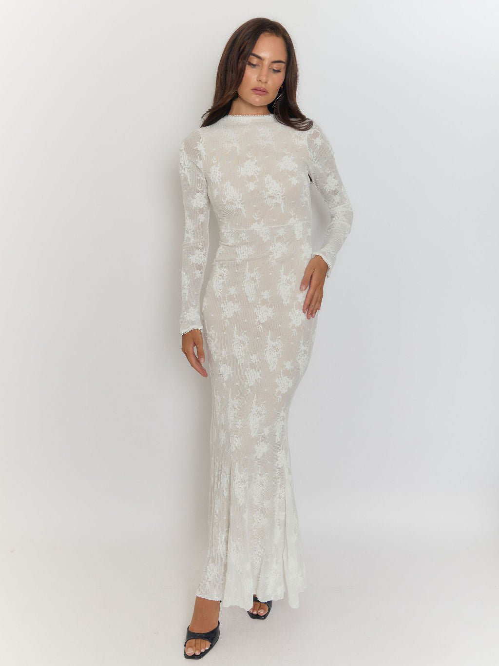 White Floral Burnout Rib Mock Neck Long Sleeve Bodycon Maxi Dress 16