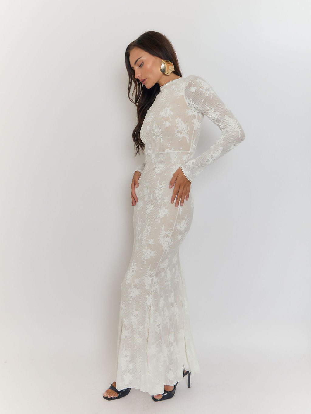 White Floral Burnout Rib Mock Neck Long Sleeve Bodycon Maxi Dress 5