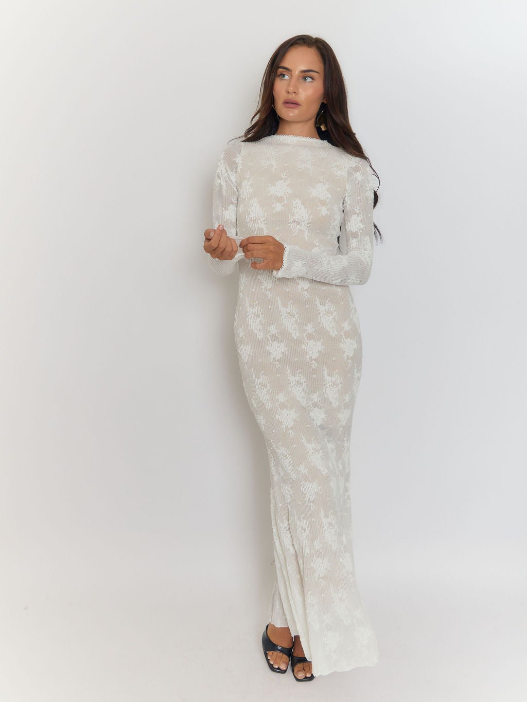 White Floral Burnout Rib Mock Neck Long Sleeve Bodycon Maxi Dress 9