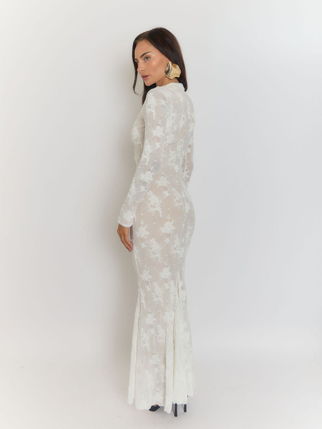 White Floral Burnout Rib Mock Neck Long Sleeve Bodycon Maxi Dress 6