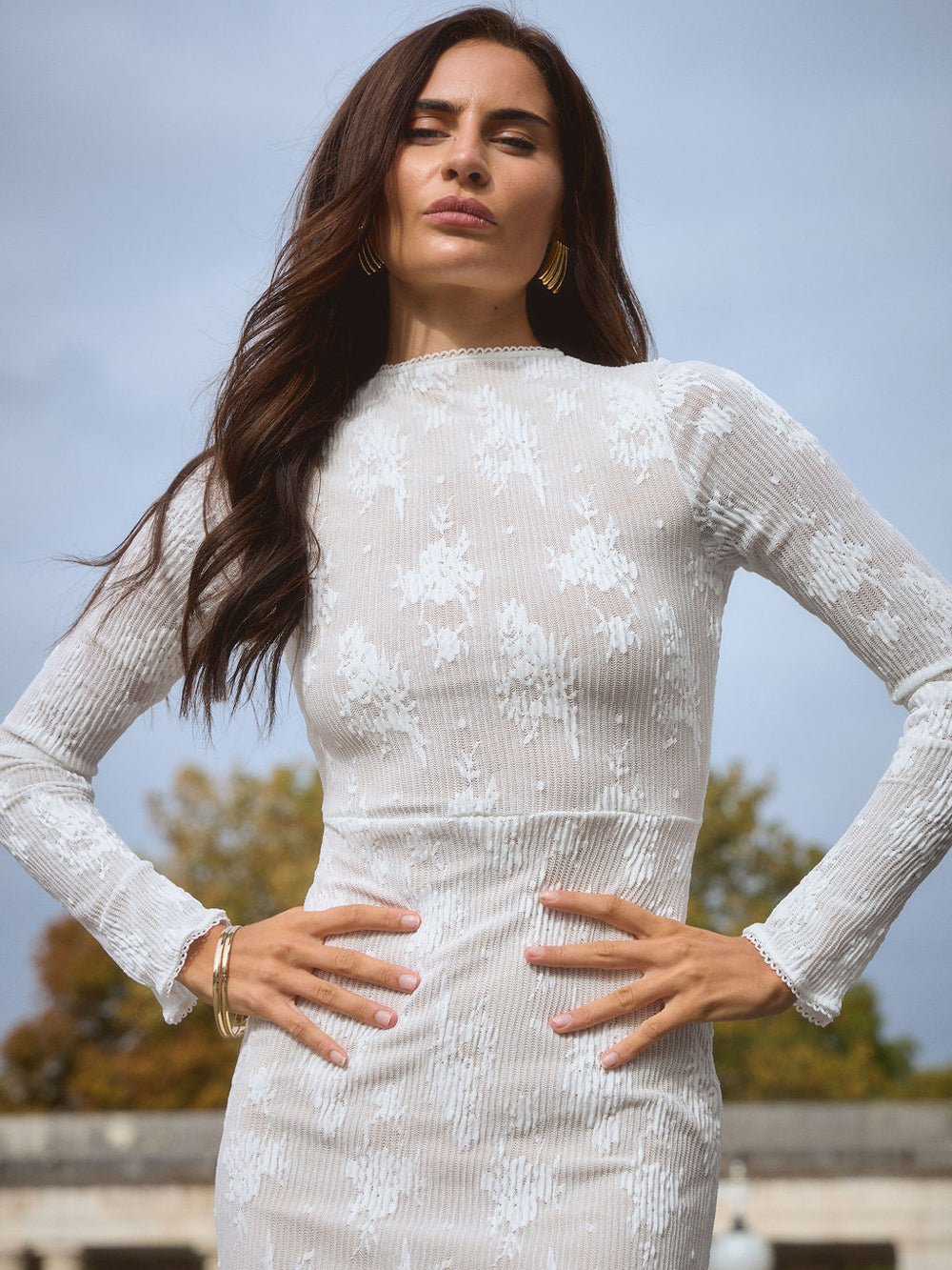 White Floral Burnout Rib Mock Neck Long Sleeve Bodycon Maxi Dress 4