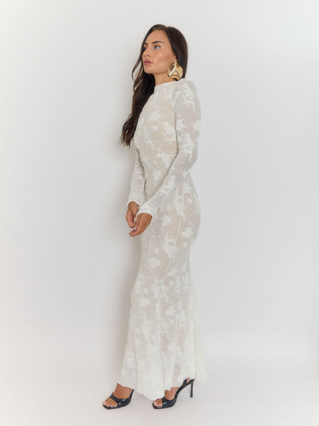 White Floral Burnout Rib Mock Neck Long Sleeve Bodycon Maxi Dress 11