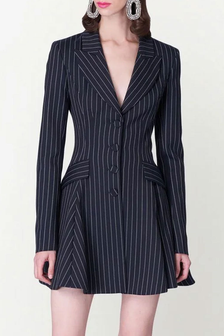 Navy Blue Lapel Collar Long Sleeve Pinstripe Fit And Flare Blazer Mini Dress