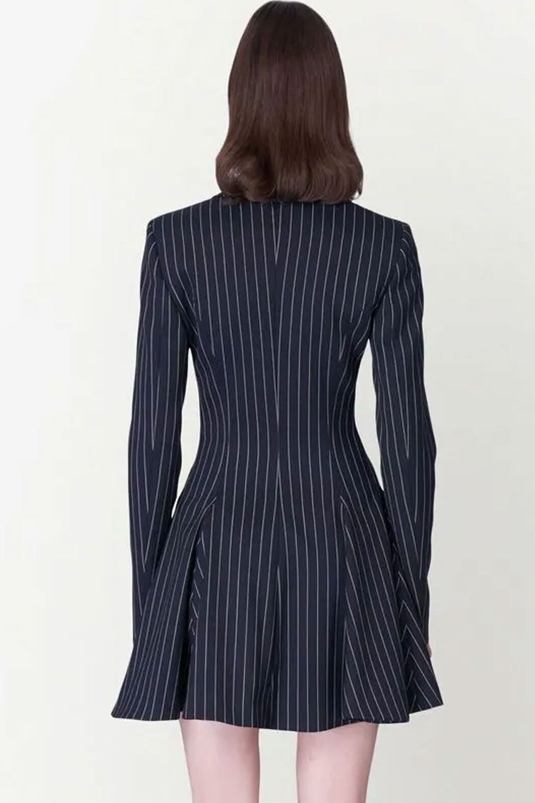 Navy Blue Lapel Collar Long Sleeve Pinstripe Fit And Flare Blazer Mini Dress