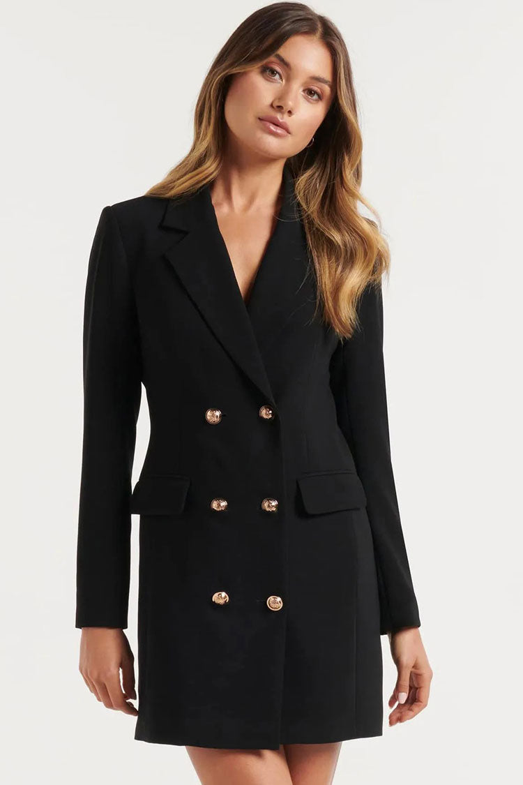 Black Lapel Collar Long Sleeve Double Breasted Blazer Mini Dress