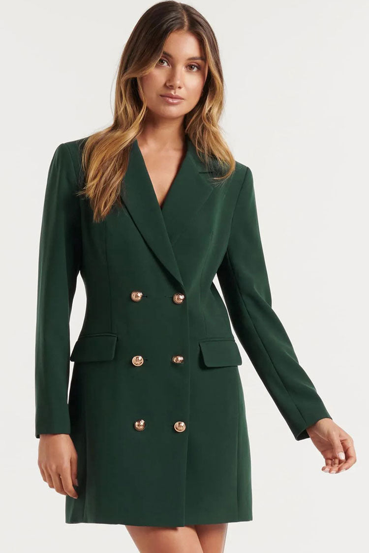 Emerald Green Lapel Collar Long Sleeve Double Breasted Button Blazer Mini Dress