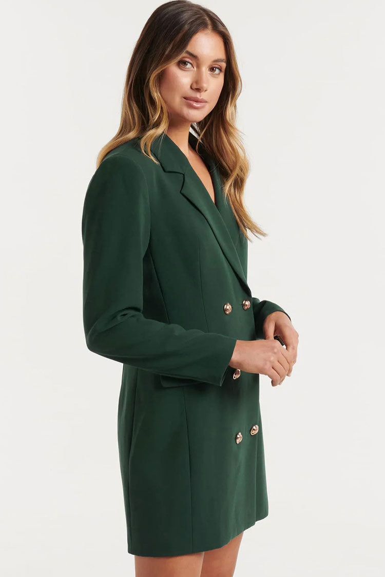 Emerald Green Lapel Collar Long Sleeve Double Breasted Button Blazer Mini Dress