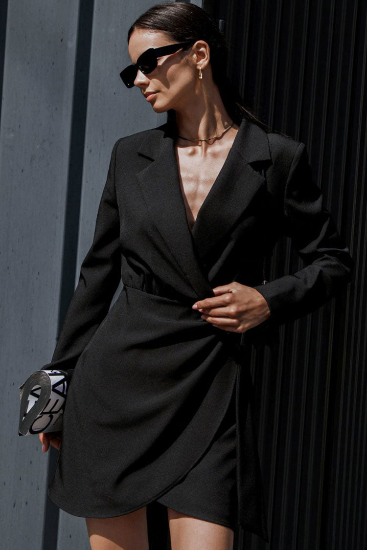 Black Lapel Collar Long Sleeve Wrap Twist Front Ruched Mini Dress