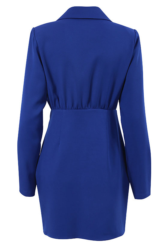 Royal Blue Lapel Collar Long Sleeve Shoulder Pad Ruched Wrap Blazer Mini Dress