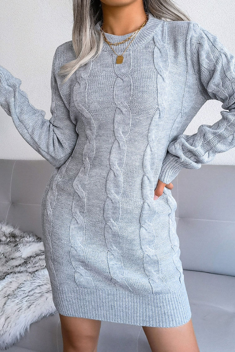 Gray Round Neck Long Sleeve Cable Knit Sweater Mini Dress