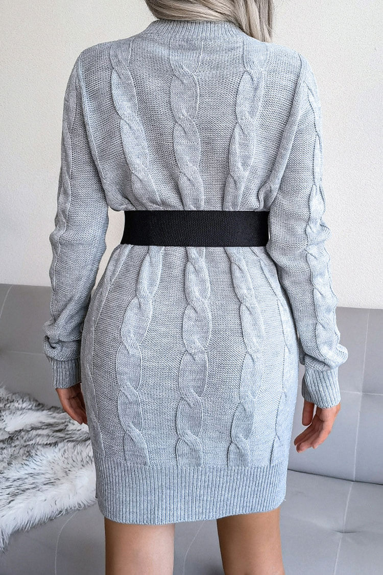 Gray Round Neck Long Sleeve Cable Knit Sweater Mini Dress