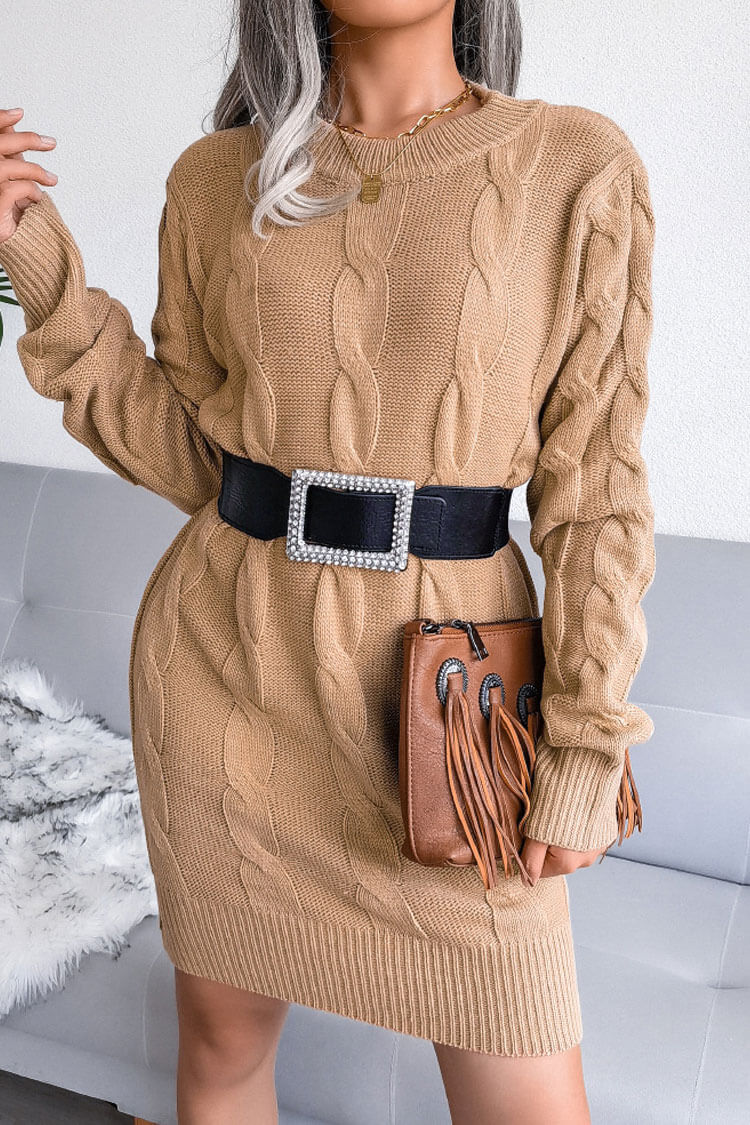 Khaki Round Neck Long Sleeve Cable Knit Sweater Mini Dress