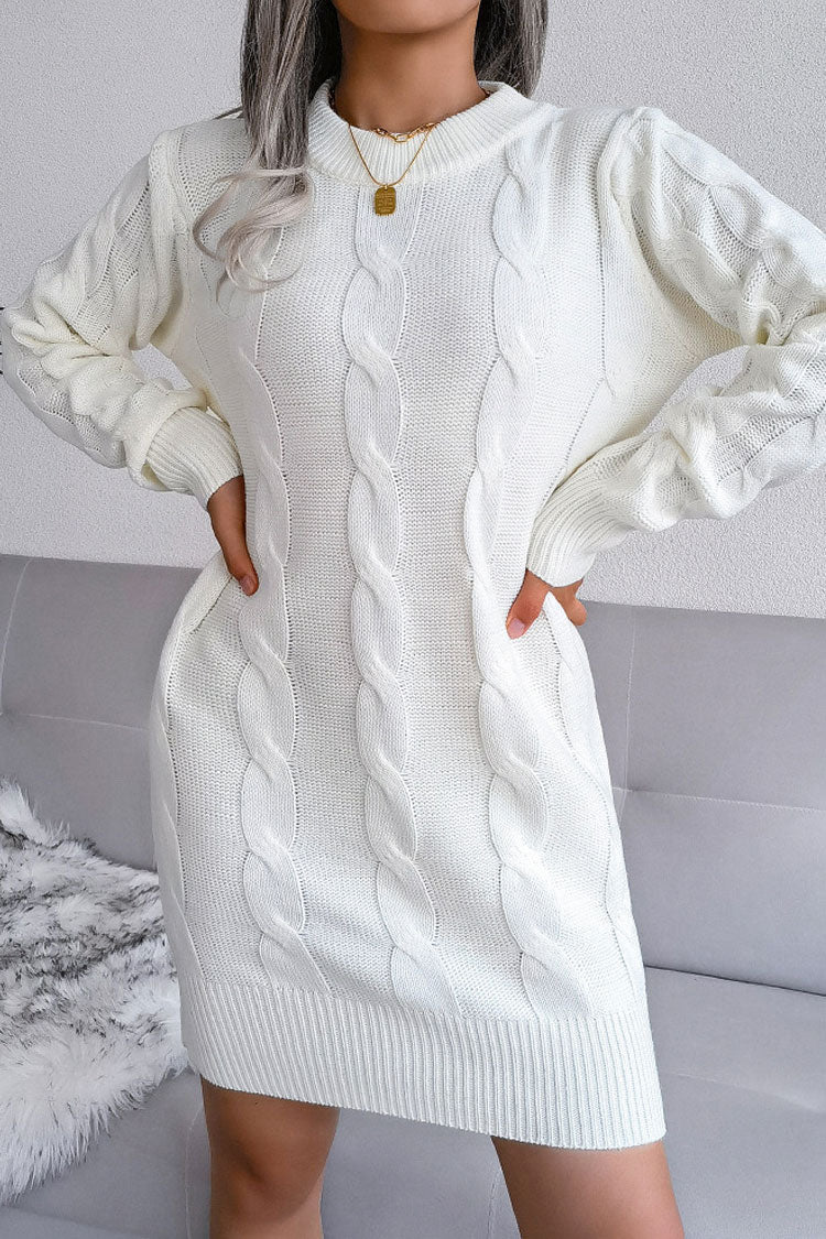 White Round Neck Long Sleeve Cable Knit Pullover Sweater Mini Dress
