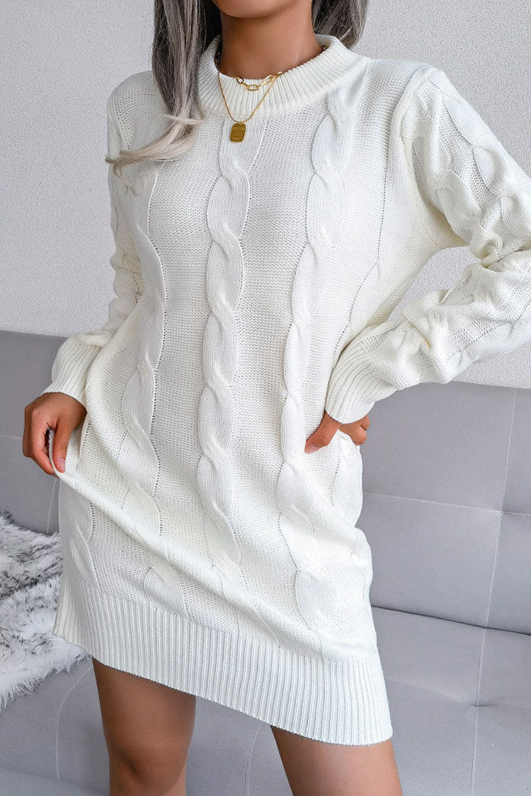 White Round Neck Long Sleeve Cable Knit Pullover Sweater Mini Dress