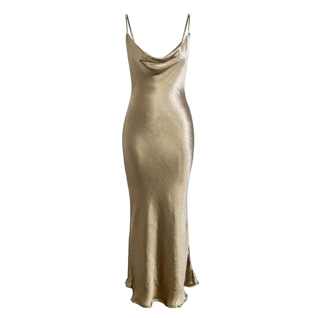 Champane Cowl Neck Spaghetti Strap Satin Backless Slip Maxi Dress