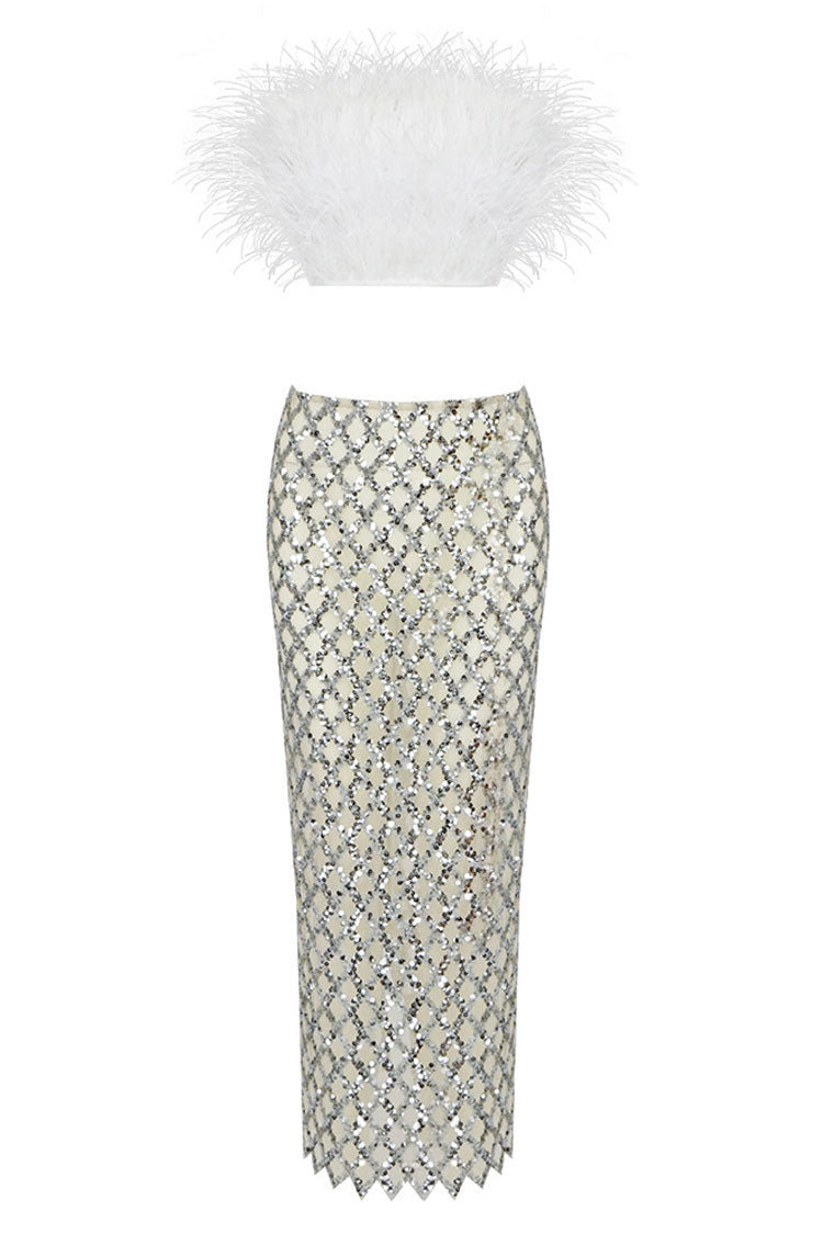 White Strapless Feather Trim Crop Top Sequin Midi Skirt Two Piece Dress