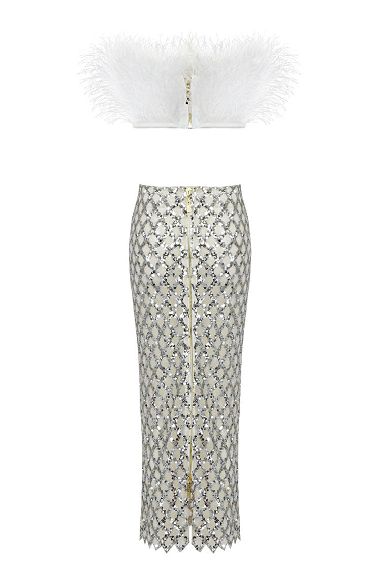 White Strapless Feather Trim Crop Top Sequin Midi Skirt Two Piece Dress